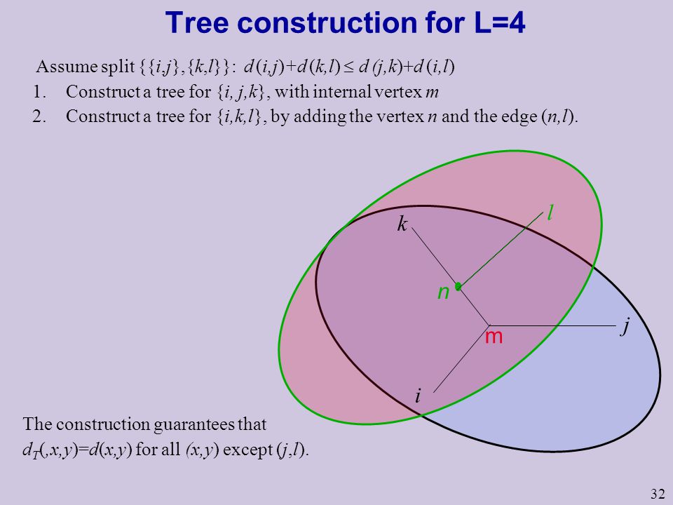 32 Tree construction for L=4 i j k m l Assume split {{i,j},{k,l}}: d (i,j)+d (k,l)  d (j,k)+d (i,l) 1.Construct a tree for {i, j,k}, with internal vertex m 2.Construct a tree for {i,k,l}, by adding the vertex n and the edge (n,l).