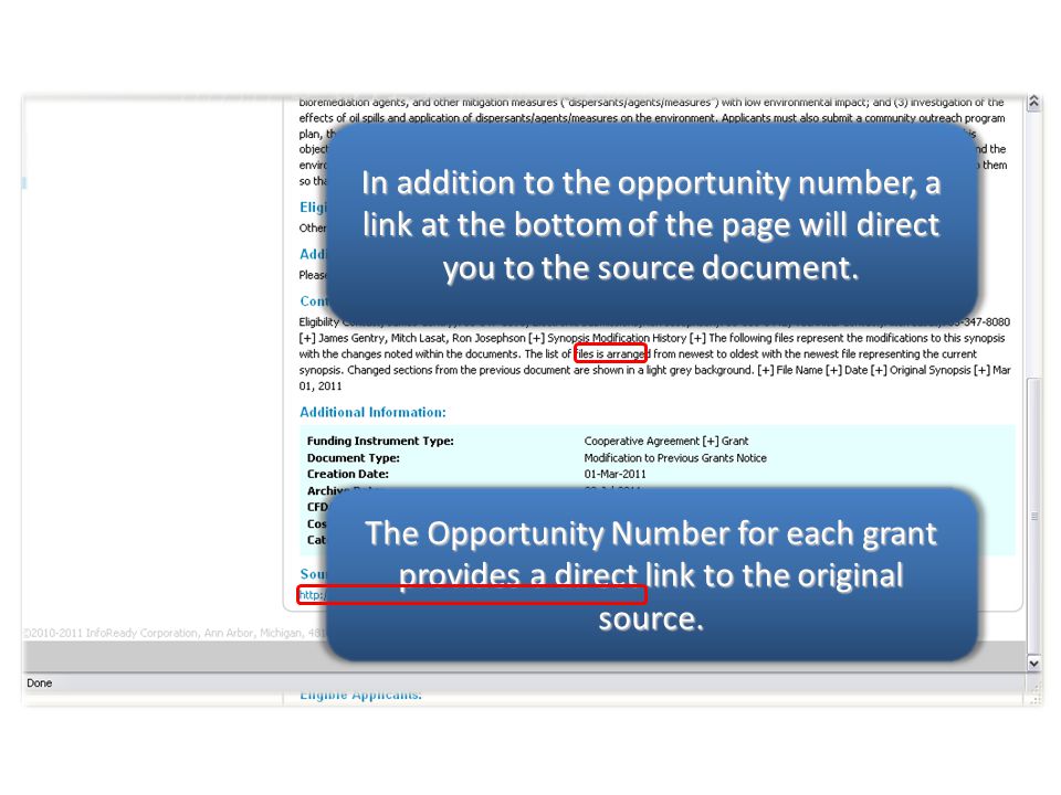 The Opportunity Number for each grant provides a direct link to the original source.