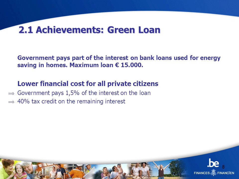 8 Government pays part of the interest on bank loans used for energy saving in homes.