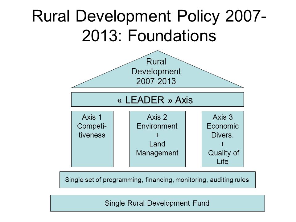 Rural Development Policy : Foundations Rural Development « LEADER » Axis Axis 1 Competi- tiveness Axis 2 Environment + Land Management Axis 3 Economic Divers.