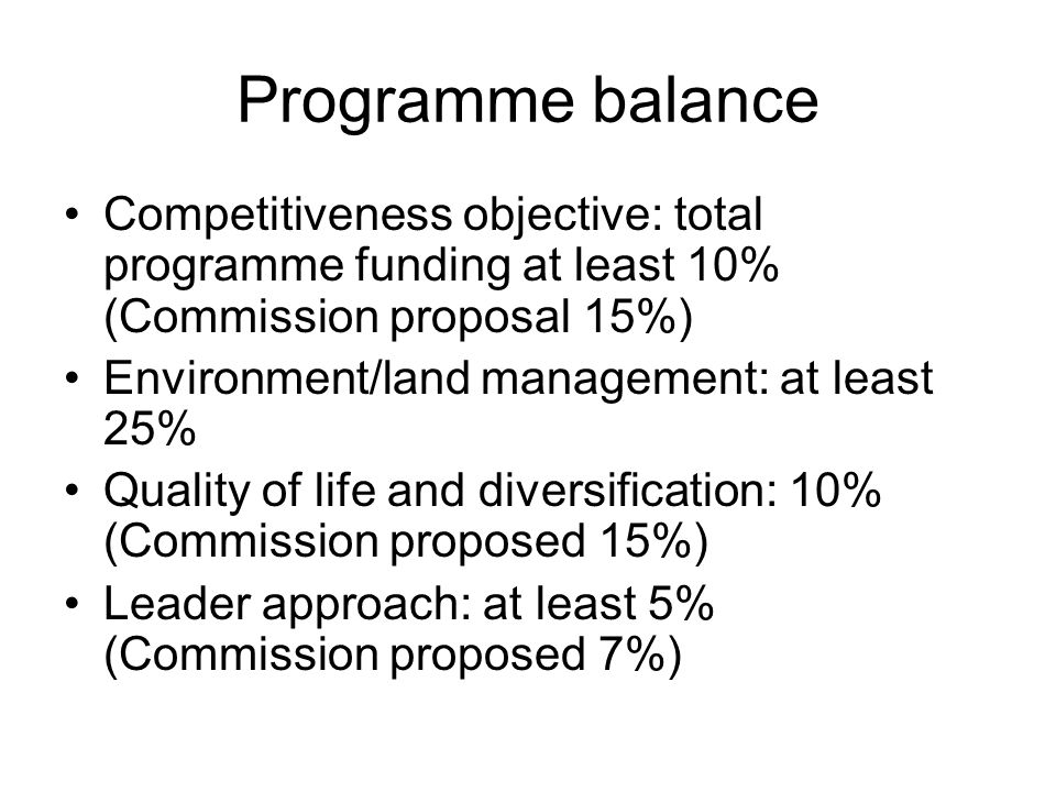 Programme balance Competitiveness objective: total programme funding at least 10% (Commission proposal 15%) Environment/land management: at least 25% Quality of life and diversification: 10% (Commission proposed 15%) Leader approach: at least 5% (Commission proposed 7%)