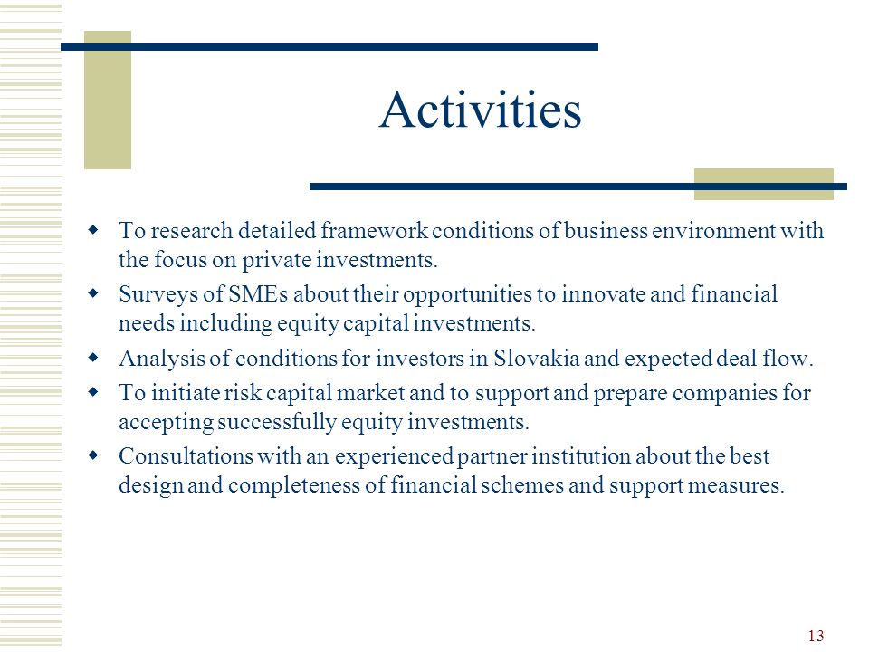 13 Activities  To research detailed framework conditions of business environment with the focus on private investments.