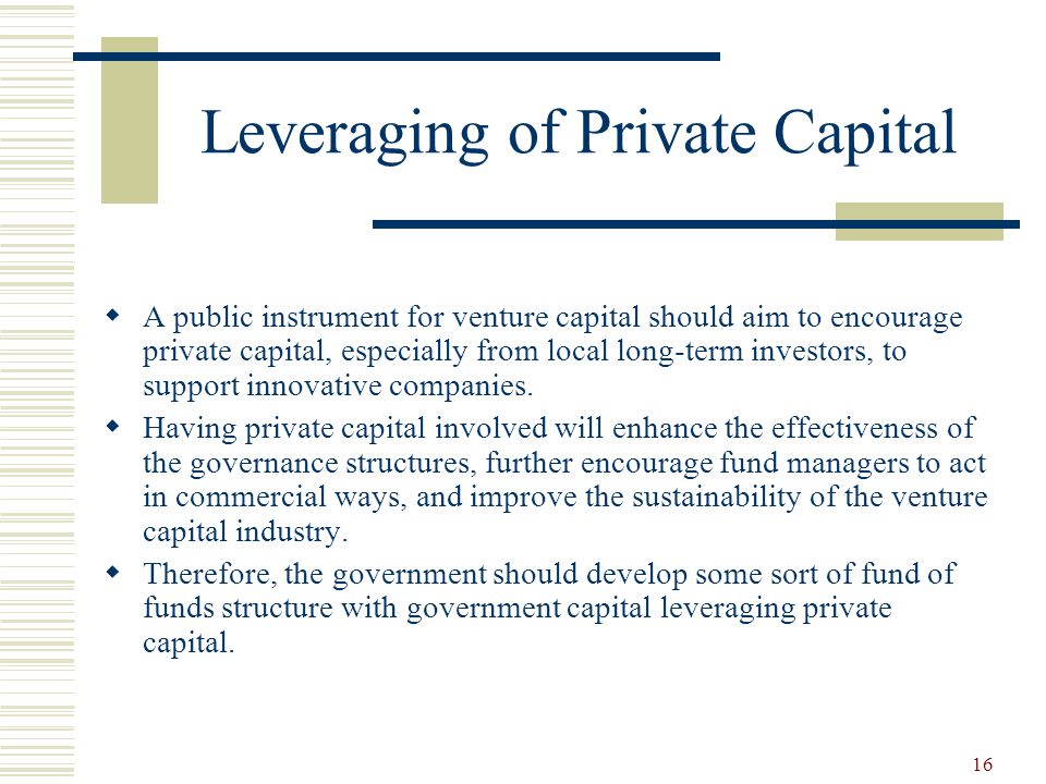 16 Leveraging of Private Capital  A public instrument for venture capital should aim to encourage private capital, especially from local long-term investors, to support innovative companies.