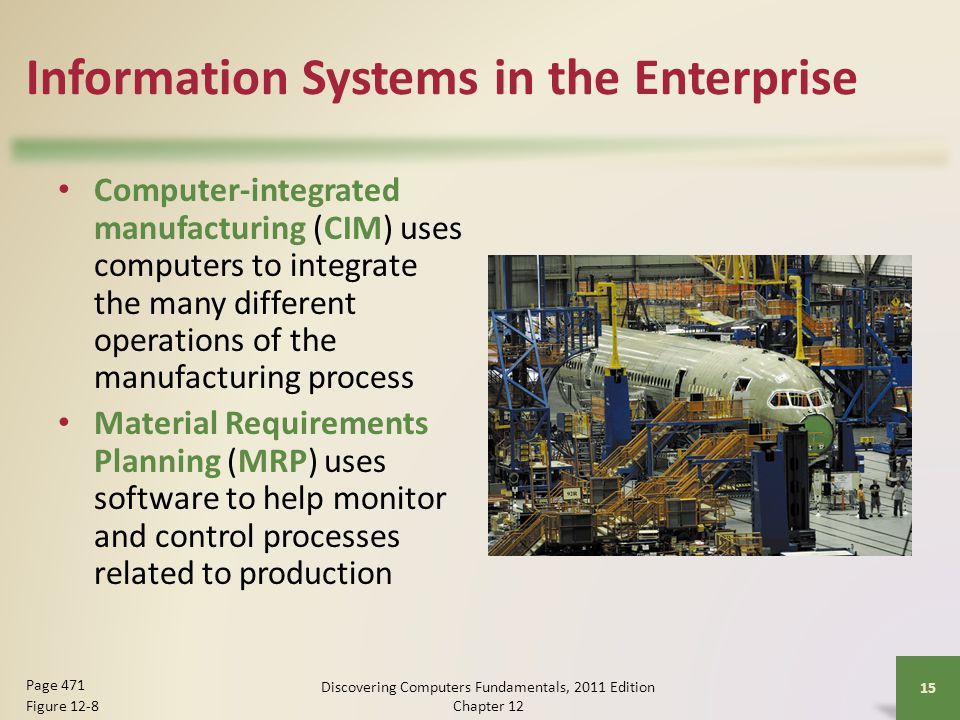 Information Systems in the Enterprise Computer-integrated manufacturing (CIM) uses computers to integrate the many different operations of the manufacturing process Material Requirements Planning (MRP) uses software to help monitor and control processes related to production Discovering Computers Fundamentals, 2011 Edition Chapter Page 471 Figure 12-8