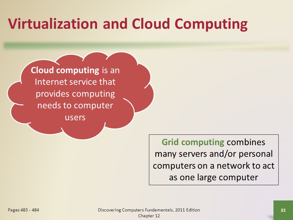 Virtualization and Cloud Computing Discovering Computers Fundamentals, 2011 Edition Chapter Pages Cloud computing is an Internet service that provides computing needs to computer users Grid computing combines many servers and/or personal computers on a network to act as one large computer