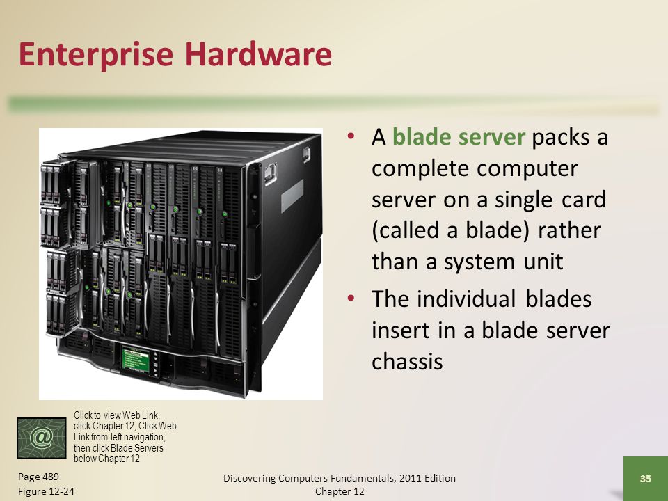 Enterprise Hardware A blade server packs a complete computer server on a single card (called a blade) rather than a system unit The individual blades insert in a blade server chassis Discovering Computers Fundamentals, 2011 Edition Chapter Page 489 Figure Click to view Web Link, click Chapter 12, Click Web Link from left navigation, then click Blade Servers below Chapter 12