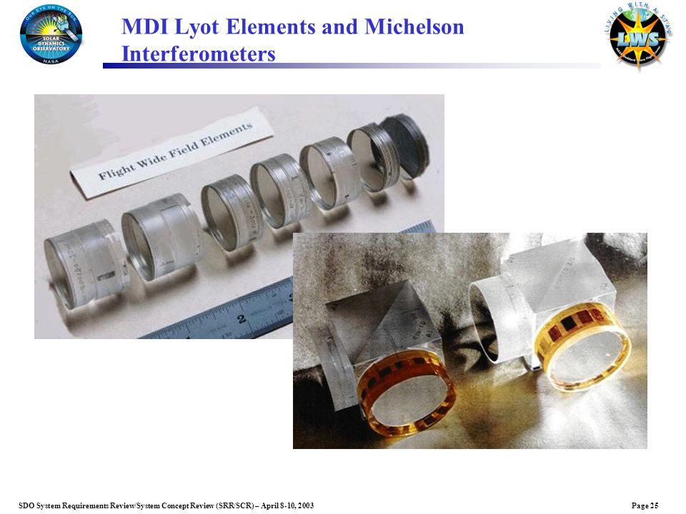 Page 25SDO System Requirements Review/System Concept Review (SRR/SCR) – April 8-10, 2003 MDI Lyot Elements and Michelson Interferometers