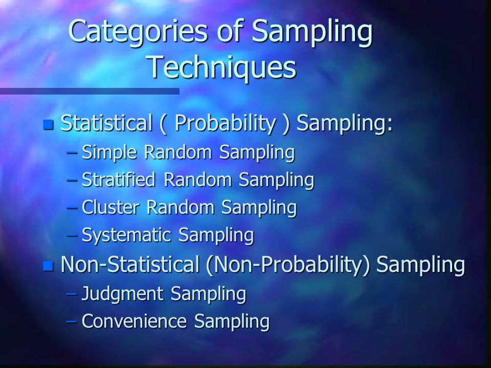 Categories of Sampling Techniques n Statistical ( Probability ) Sampling: –Simple Random Sampling –Stratified Random Sampling –Cluster Random Sampling –Systematic Sampling n Non-Statistical (Non-Probability) Sampling –Judgment Sampling –Convenience Sampling