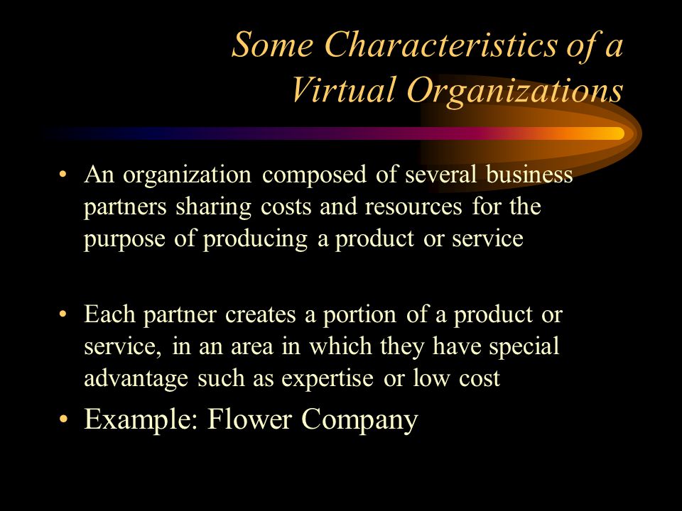 Some Characteristics of a Virtual Organizations An organization composed of several business partners sharing costs and resources for the purpose of producing a product or service Each partner creates a portion of a product or service, in an area in which they have special advantage such as expertise or low cost Example: Flower Company