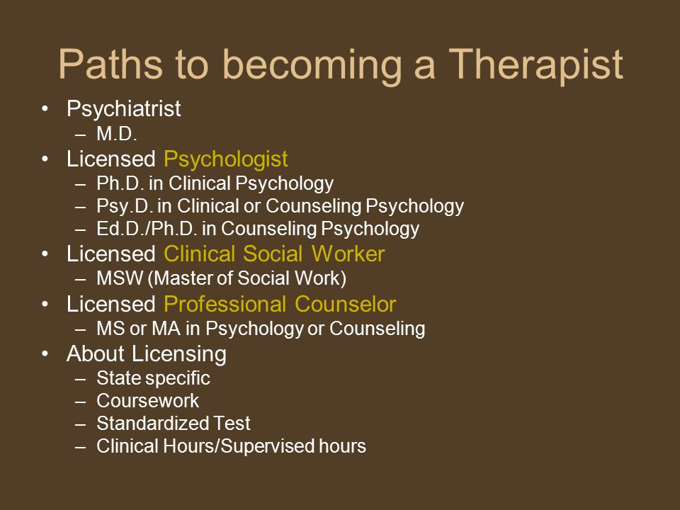 Paths to becoming a Therapist Psychiatrist –M.D. Licensed Psychologist –Ph.D.