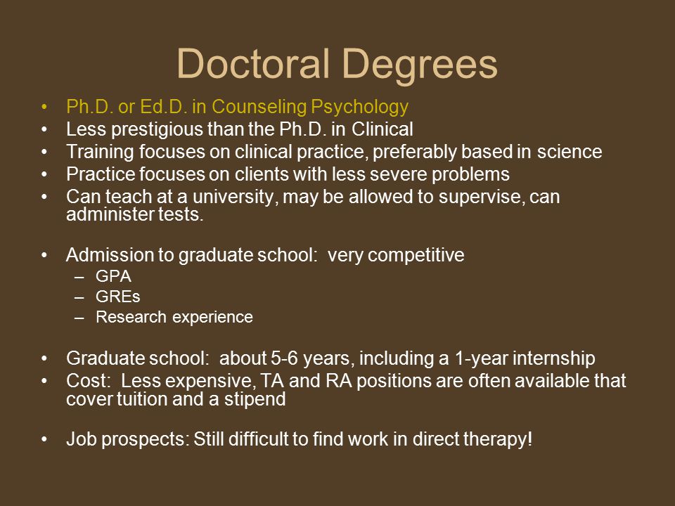 Doctoral Degrees Ph.D. or Ed.D. in Counseling Psychology Less prestigious than the Ph.D.