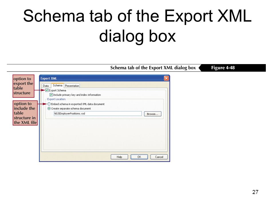 27 Schema tab of the Export XML dialog box