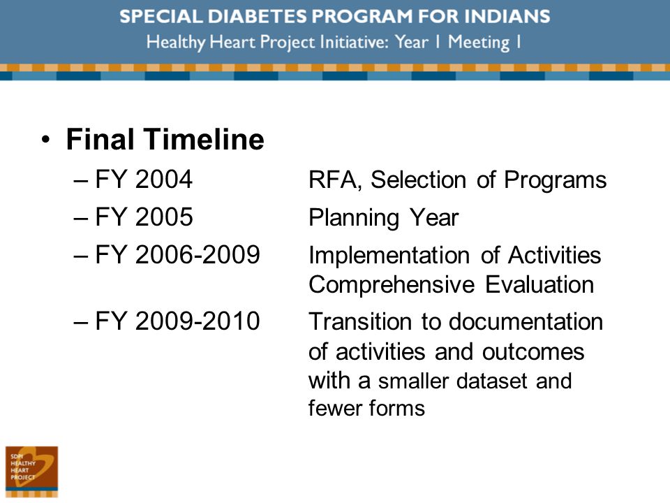 Final Timeline –FY 2004 RFA, Selection of Programs –FY 2005 Planning Year –FY Implementation of Activities Comprehensive Evaluation –FY Transition to documentation of activities and outcomes with a smaller dataset and fewer forms
