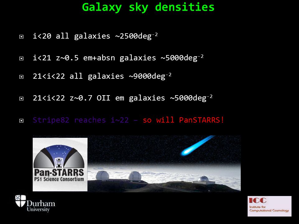Galaxy sky densities  i<20 all galaxies ~2500deg -2  i<21 z~0.5 em+absn galaxies ~5000deg -2  21<i<22 all galaxies ~9000deg -2  21<i<22 z~0.7 OII em galaxies ~5000deg -2  Stripe82 reaches i~22 – so will PanSTARRS!