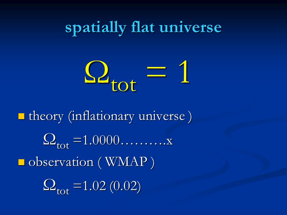 spatially flat universe theory (inflationary universe ) theory (inflationary universe ) Ω tot =1.0000……….x Ω tot =1.0000……….x observation ( WMAP ) observation ( WMAP ) Ω tot =1.02 (0.02) Ω tot =1.02 (0.02) Ω tot = 1