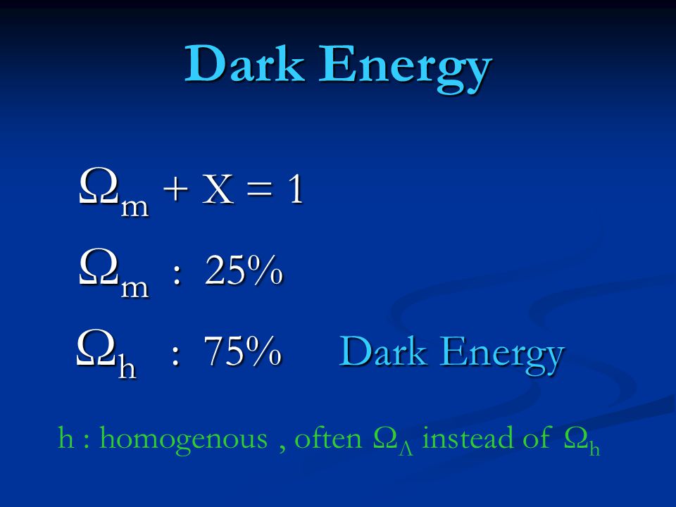 Dark Energy Ω m + X = 1 Ω m + X = 1 Ω m : 25% Ω m : 25% Ω h : 75% Dark Energy Ω h : 75% Dark Energy h : homogenous, often Ω Λ instead of Ω h