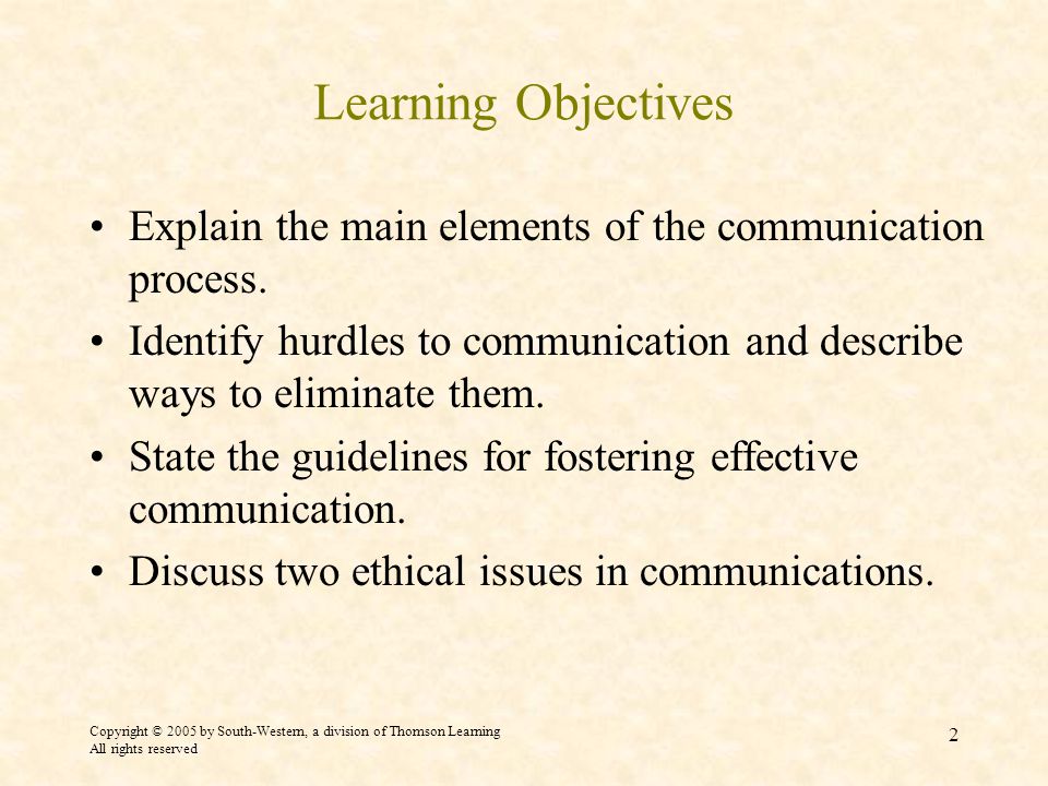 Copyright © 2005 by South-Western, a division of Thomson Learning All rights reserved 2 Learning Objectives Explain the main elements of the communication process.