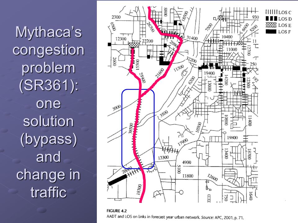 3 Mythaca’s congestion problem (SR361): one solution (bypass) and change in traffic