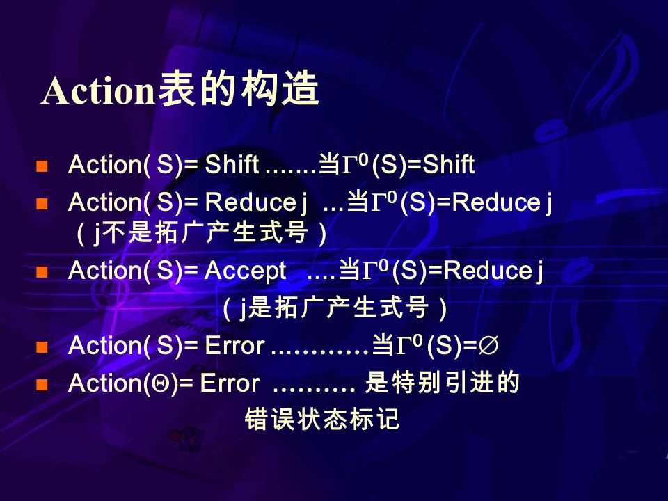 Action 表的构造 Action( S)= Shift 当  0 (S)=Shift Action( S)= Reduce j...
