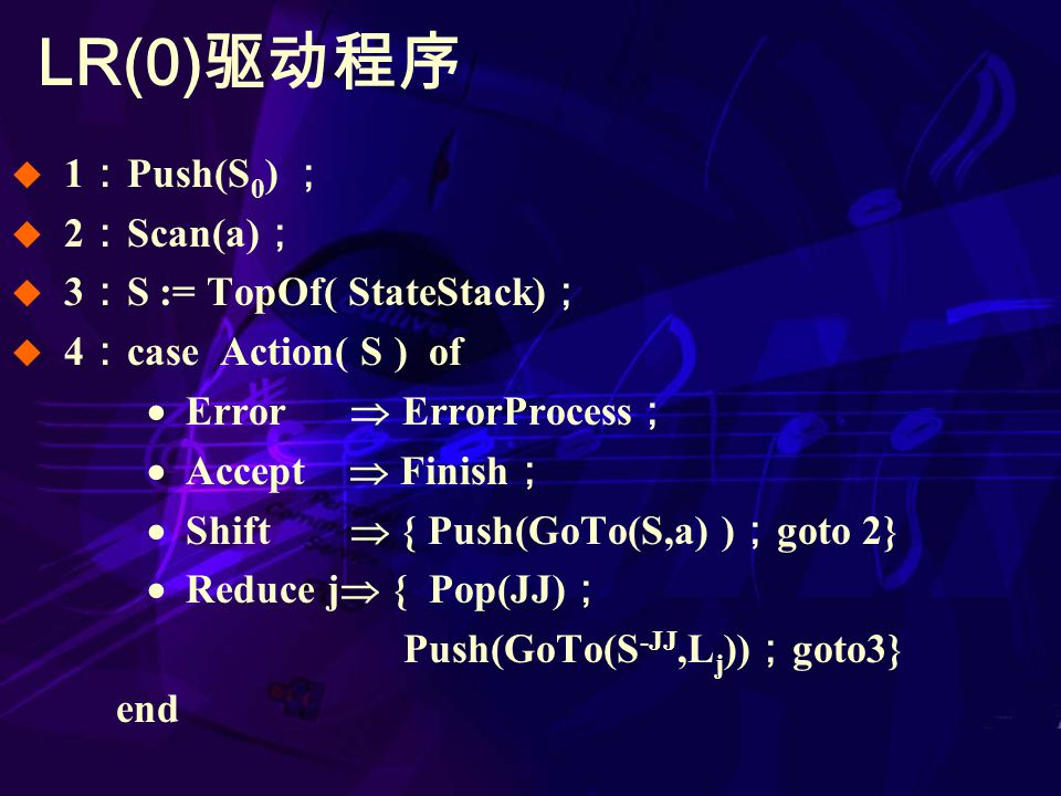 LR(0) 驱动程序  1 ： Push(S 0 ) ；  2 ： Scan(a) ；  3 ： S := TopOf( StateStack) ；  4 ： case Action( S ) of  Error  ErrorProcess ；  Accept  Finish ；  Shift  { Push(GoTo(S,a) ) ； goto 2}  Reduce j  { Pop(JJ) ； Push(GoTo(S -JJ,L j )) ； goto3} end