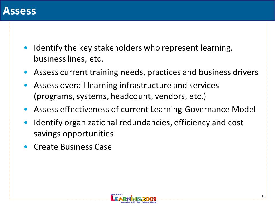 15 Assess Identify the key stakeholders who represent learning, business lines, etc.