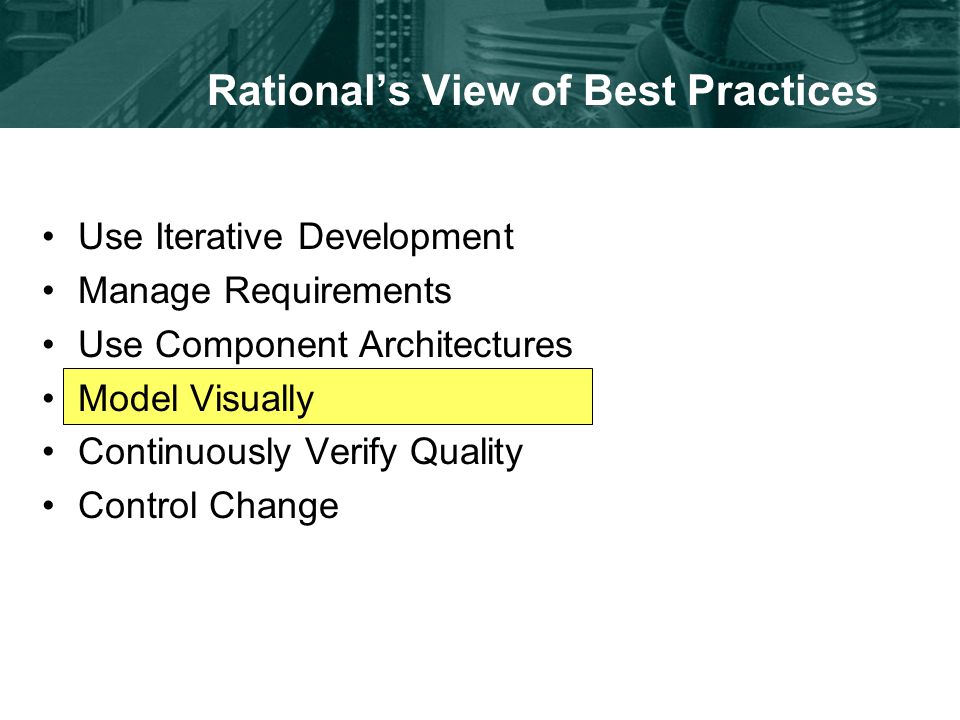 Rational’s View of Best Practices Use Iterative Development Manage Requirements Use Component Architectures Model Visually Continuously Verify Quality Control Change