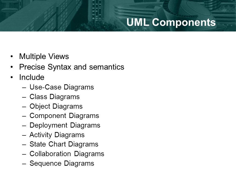 UML Components Multiple Views Precise Syntax and semantics Include –Use-Case Diagrams –Class Diagrams –Object Diagrams –Component Diagrams –Deployment Diagrams –Activity Diagrams –State Chart Diagrams –Collaboration Diagrams –Sequence Diagrams