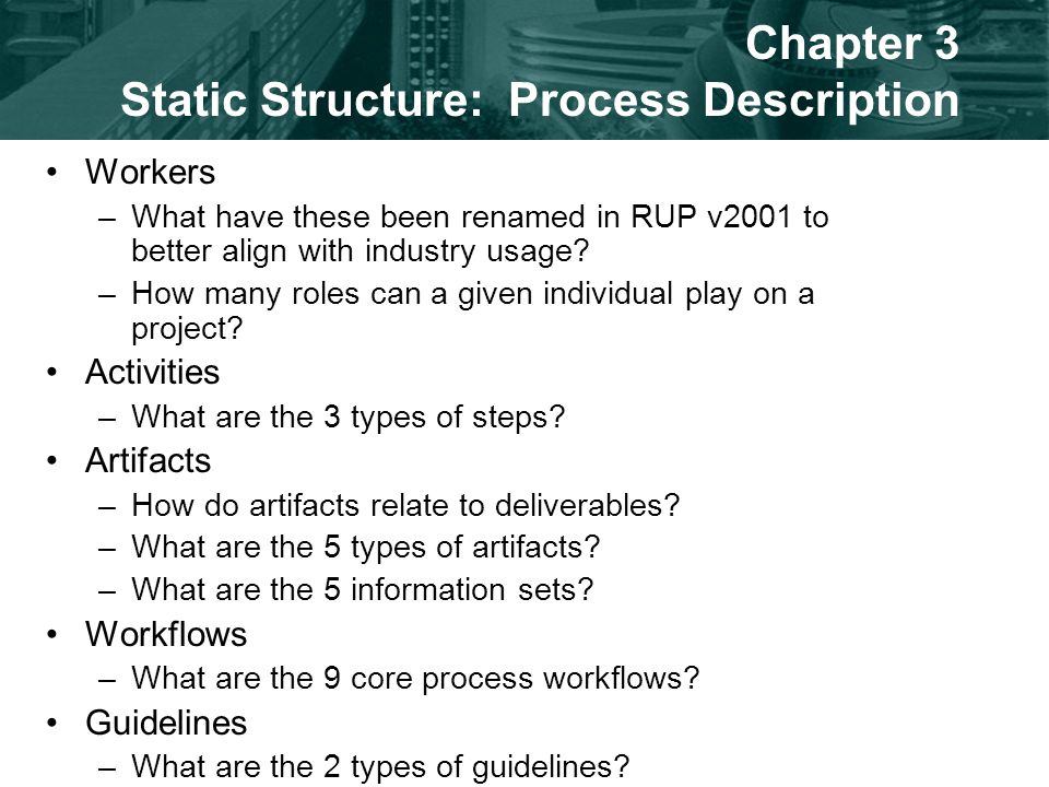Chapter 3 Static Structure: Process Description Workers –What have these been renamed in RUP v2001 to better align with industry usage.