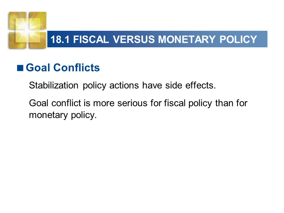18.1 FISCAL VERSUS MONETARY POLICY  Goal Conflicts Stabilization policy actions have side effects.