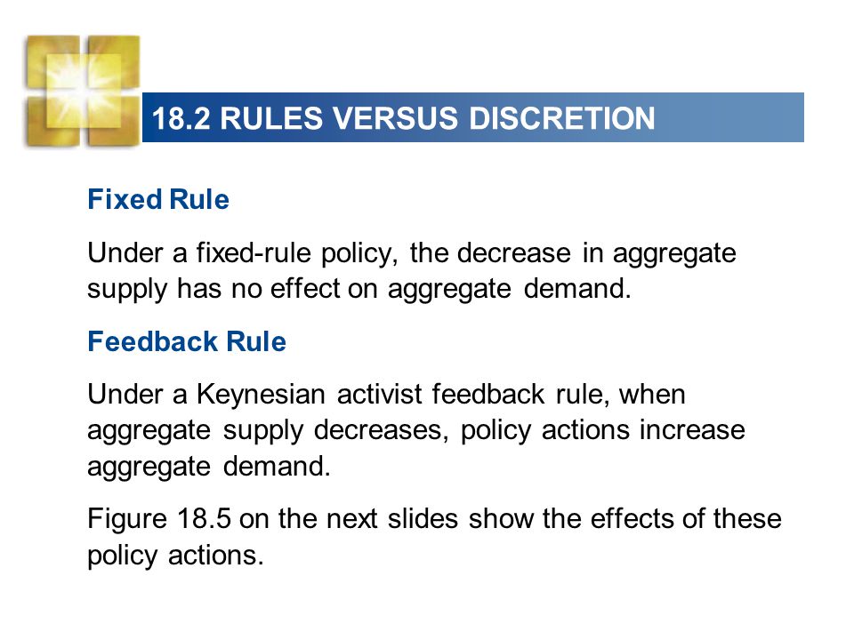 18.2 RULES VERSUS DISCRETION Fixed Rule Under a fixed-rule policy, the decrease in aggregate supply has no effect on aggregate demand.