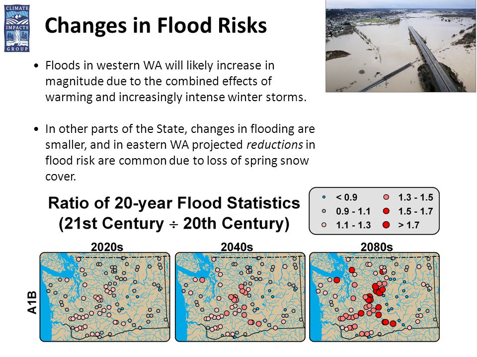 Changes in Flood Risks Floods in western WA will likely increase in magnitude due to the combined effects of warming and increasingly intense winter storms.