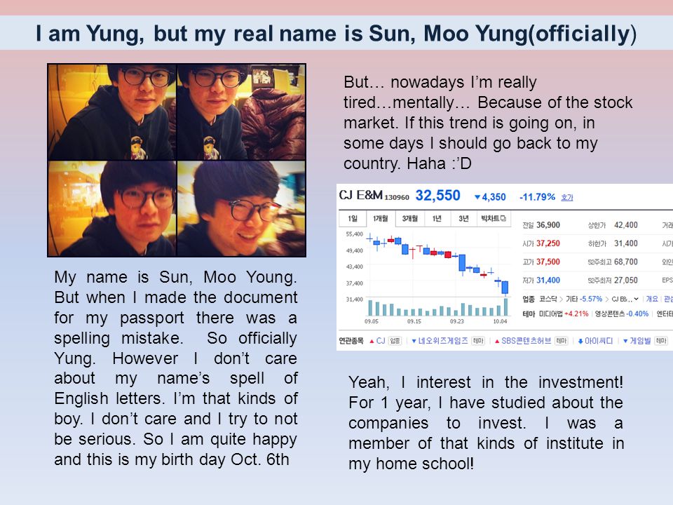 I am Yung, but my real name is Sun, Moo Yung(officially) My name is Sun, Moo Young.