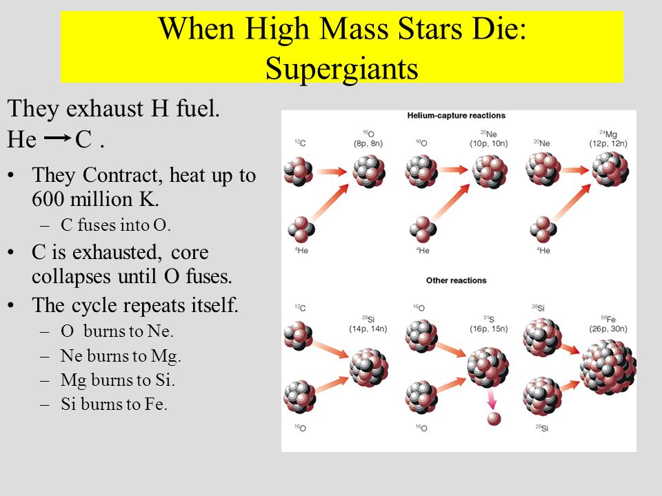 © 2005 Pearson Education Inc., publishing as Addison-Wesley When High Mass Stars Die: Supergiants They Contract, heat up to 600 million K.