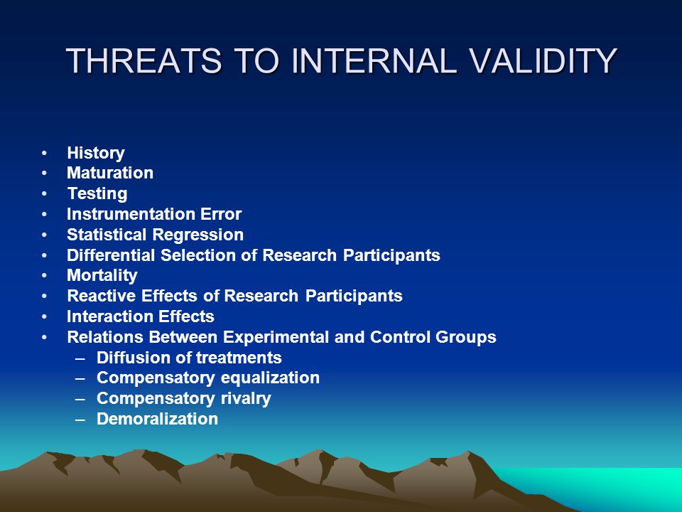 THREATS TO INTERNAL VALIDITY History Maturation Testing Instrumentation Error Statistical Regression Differential Selection of Research Participants Mortality Reactive Effects of Research Participants Interaction Effects Relations Between Experimental and Control Groups –Diffusion of treatments –Compensatory equalization –Compensatory rivalry –Demoralization