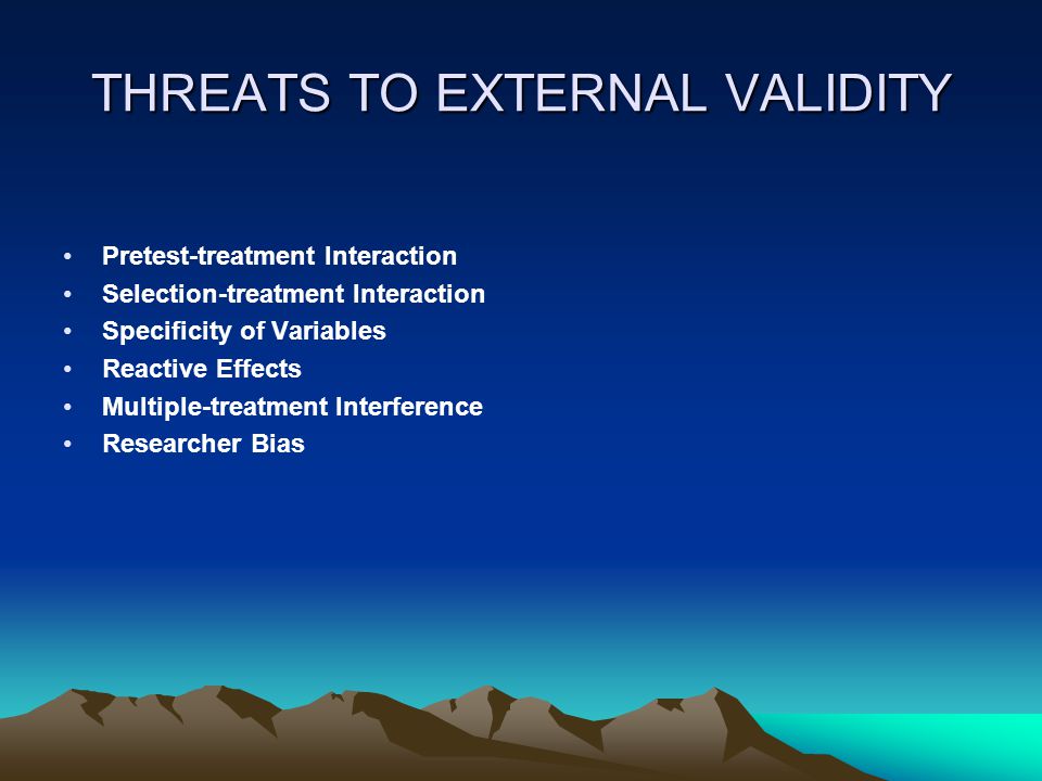 THREATS TO EXTERNAL VALIDITY Pretest-treatment Interaction Selection-treatment Interaction Specificity of Variables Reactive Effects Multiple-treatment Interference Researcher Bias
