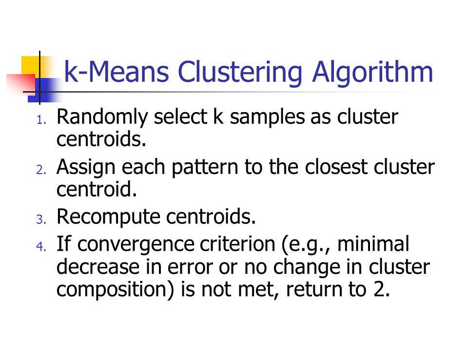 k-Means Clustering Algorithm 1. Randomly select k samples as cluster centroids.