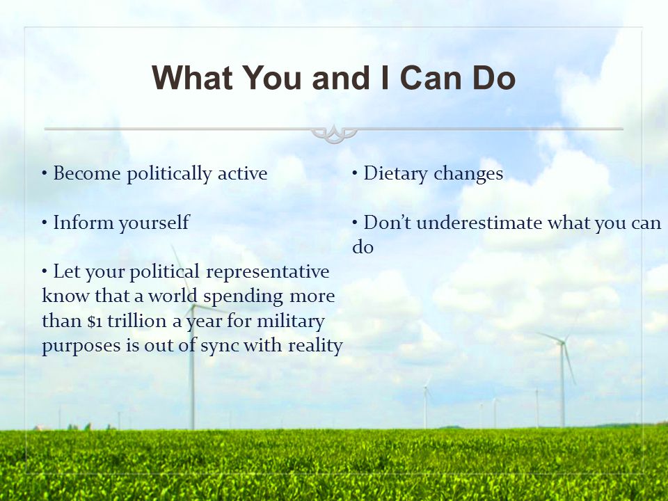 What You and I Can Do Become politically active Inform yourself Let your political representative know that a world spending more than $1 trillion a year for military purposes is out of sync with reality Dietary changes Don’t underestimate what you can do