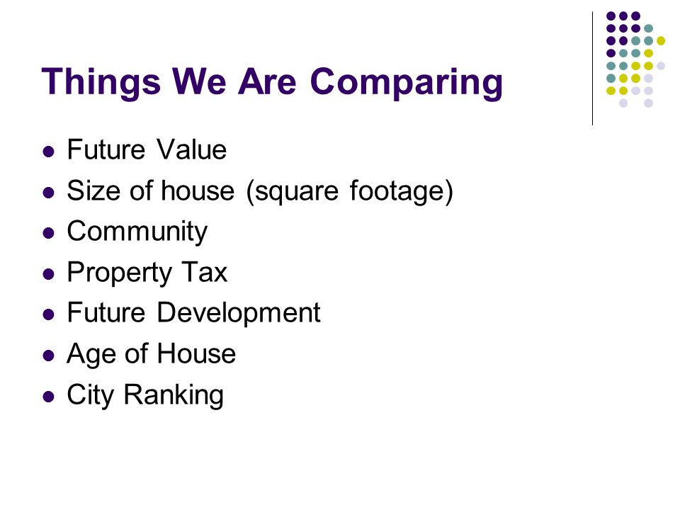 Things We Are Comparing Future Value Size of house (square footage) Community Property Tax Future Development Age of House City Ranking