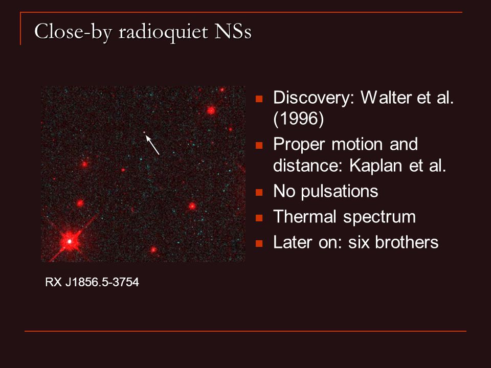 Close-by radioquiet NSs Discovery: Walter et al. (1996) Proper motion and distance: Kaplan et al.