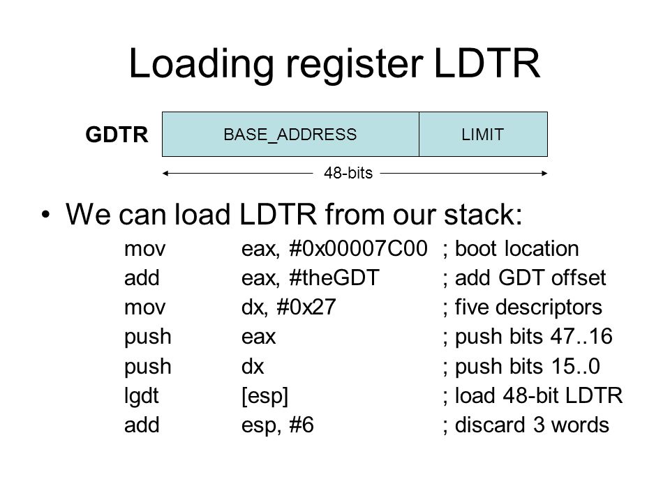 Loading register LDTR We can load LDTR from our stack: moveax, #0x00007C00; boot location add eax, #theGDT; add GDT offset movdx, #0x27; five descriptors pusheax; push bits pushdx; push bits lgdt[esp]; load 48-bit LDTR addesp, #6; discard 3 words BASE_ADDRESSLIMIT GDTR 48-bits