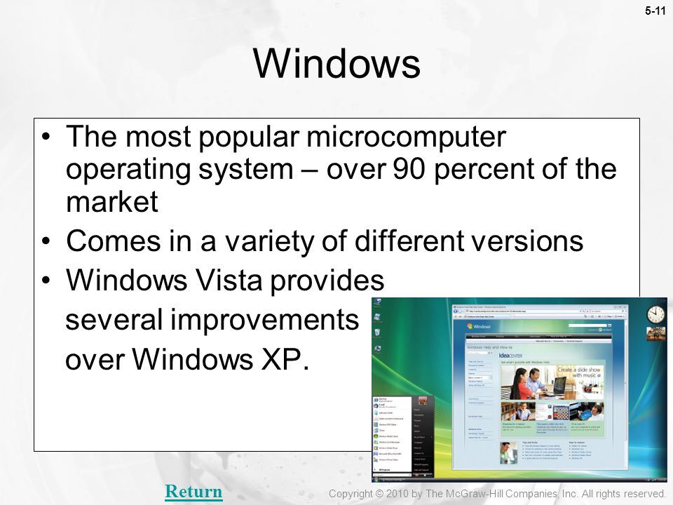 5-11 The most popular microcomputer operating system – over 90 percent of the market Comes in a variety of different versions Windows Vista provides several improvements over Windows XP.