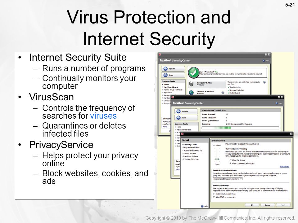 Virus Protection and Internet Security Internet Security Suite –Runs a number of programs –Continually monitors your computer VirusScan –Controls the frequency of searches for viruses –Quarantines or deletes infected files PrivacyService –Helps protect your privacy online –Block websites, cookies, and ads Copyright © 2010 by The McGraw-Hill Companies, Inc.