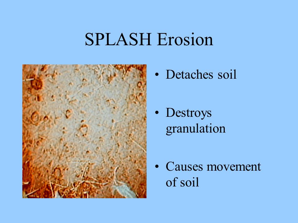 SPLASH Erosion Detaches soil Destroys granulation Causes movement of soil