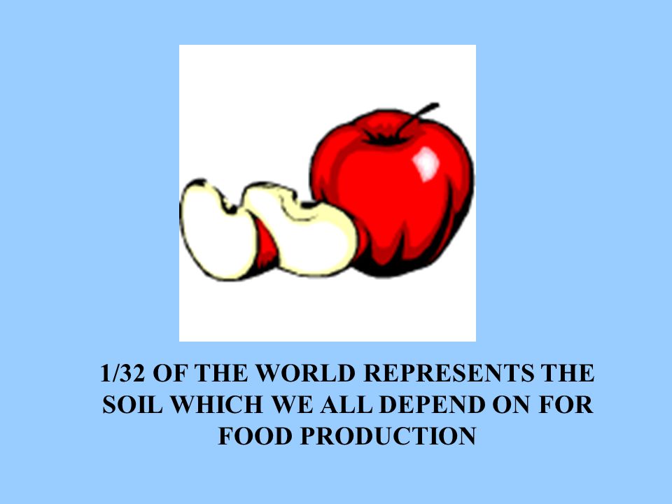 1/32 OF THE WORLD REPRESENTS THE SOIL WHICH WE ALL DEPEND ON FOR FOOD PRODUCTION