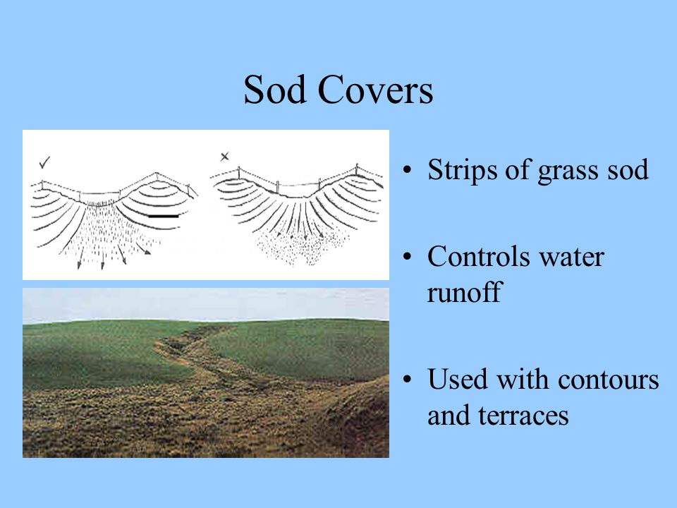 Sod Covers Strips of grass sod Controls water runoff Used with contours and terraces