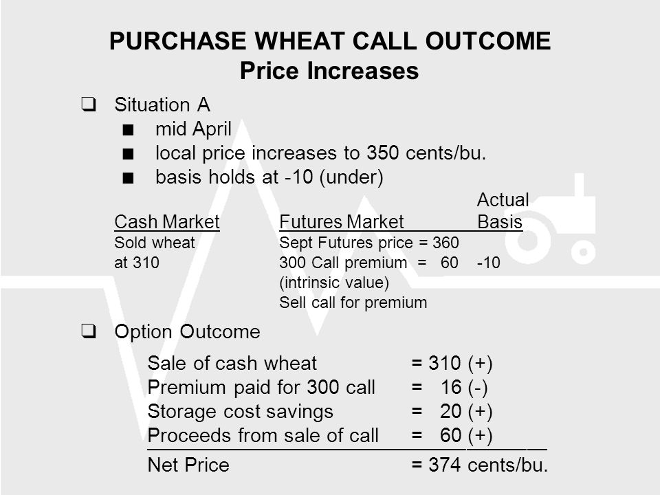 PURCHASE WHEAT CALL OUTCOME Price Increases  Situation A mid April local price increases to 350 cents/bu.