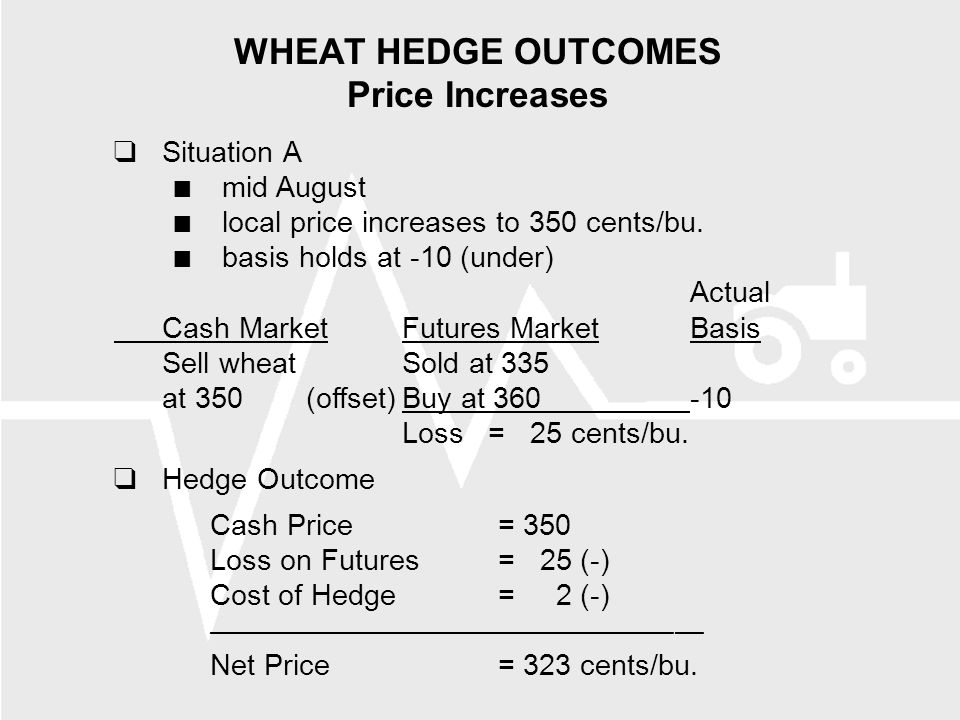 WHEAT HEDGE OUTCOMES Price Increases  Situation A mid August local price increases to 350 cents/bu.