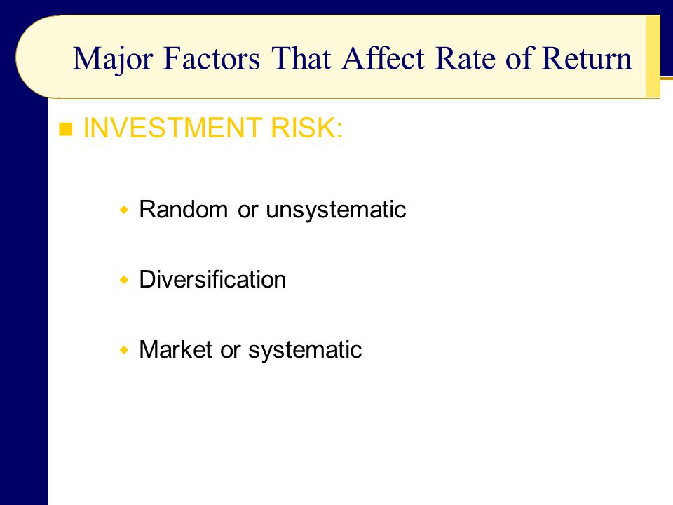  Random or unsystematic  Diversification  Market or systematic INVESTMENT RISK: Major Factors That Affect Rate of Return