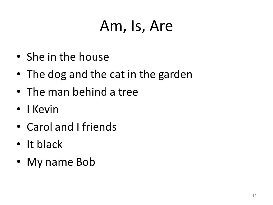 Am, Is, Are She in the house The dog and the cat in the garden The man behind a tree I Kevin Carol and I friends It black My name Bob 11