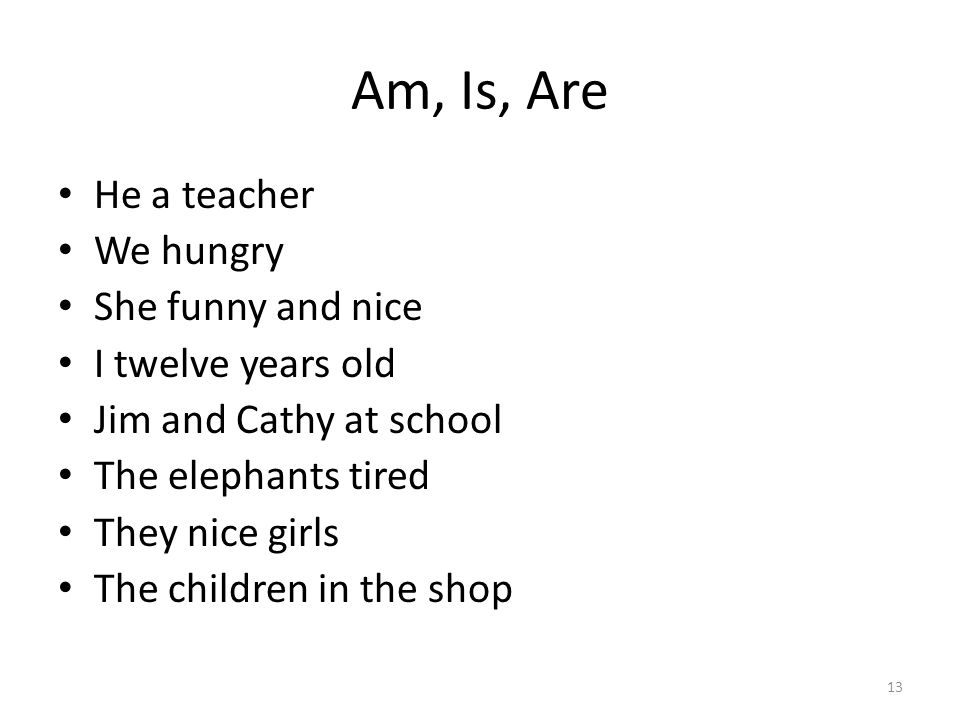 Am, Is, Are He a teacher We hungry She funny and nice I twelve years old Jim and Cathy at school The elephants tired They nice girls The children in the shop 13